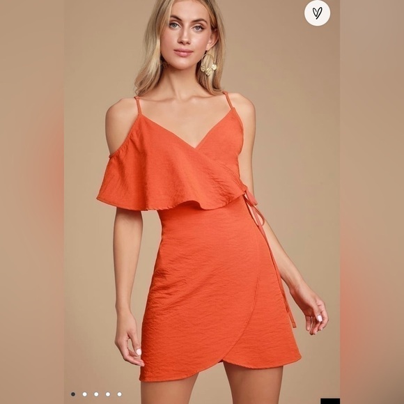 Lulus women’s Mia Rae orange asymmetrical mini wrap dress - Picture 3 of 10